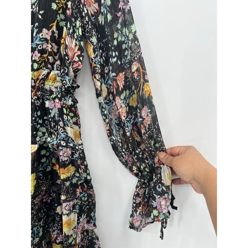 Free People Closer To The Heart Dress XL Black Floral Tiered Ruffle Boho Mini
